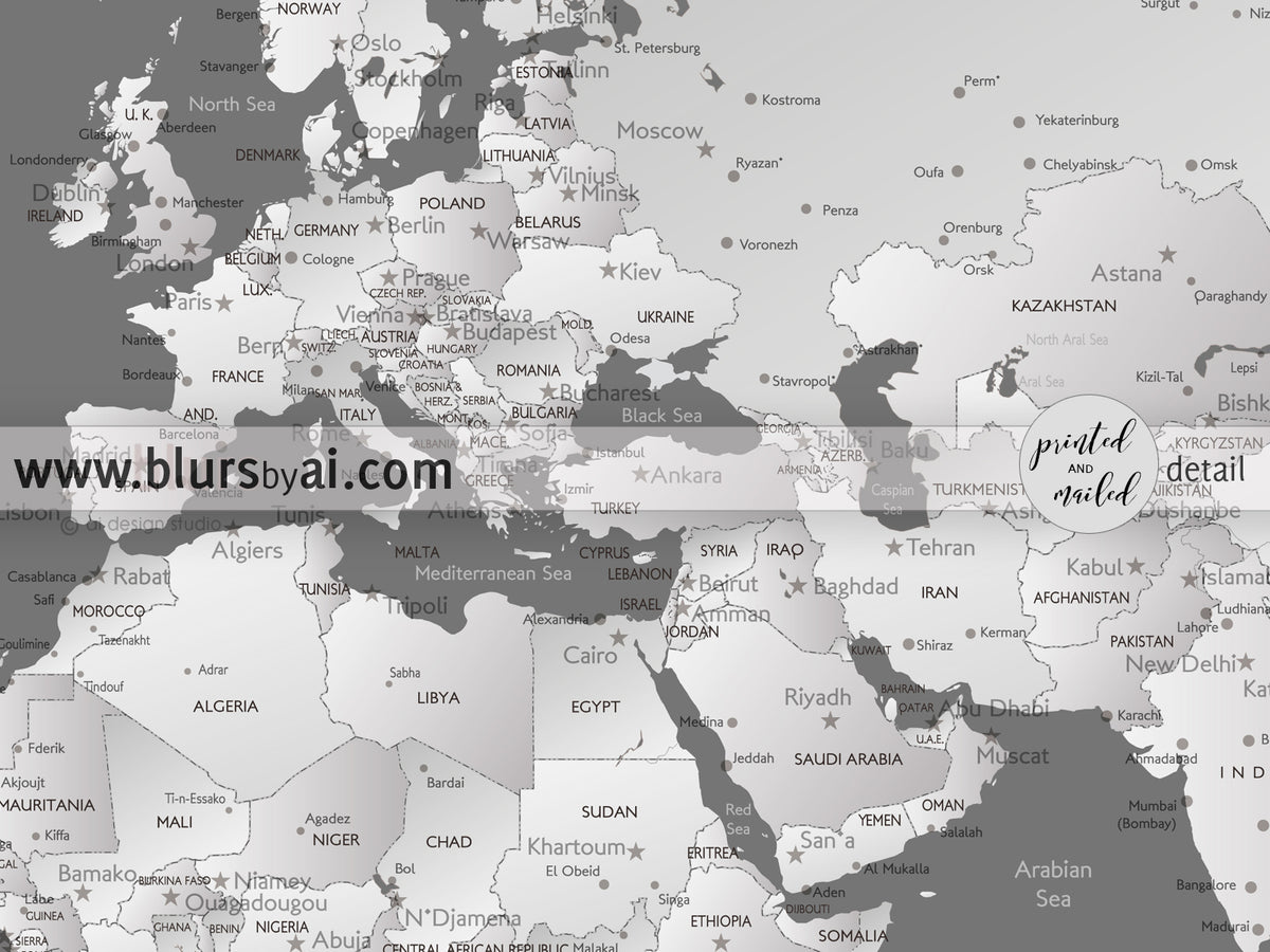 Art print on paper: custom world map with cities in grayscale gradient. "Silver leaf"