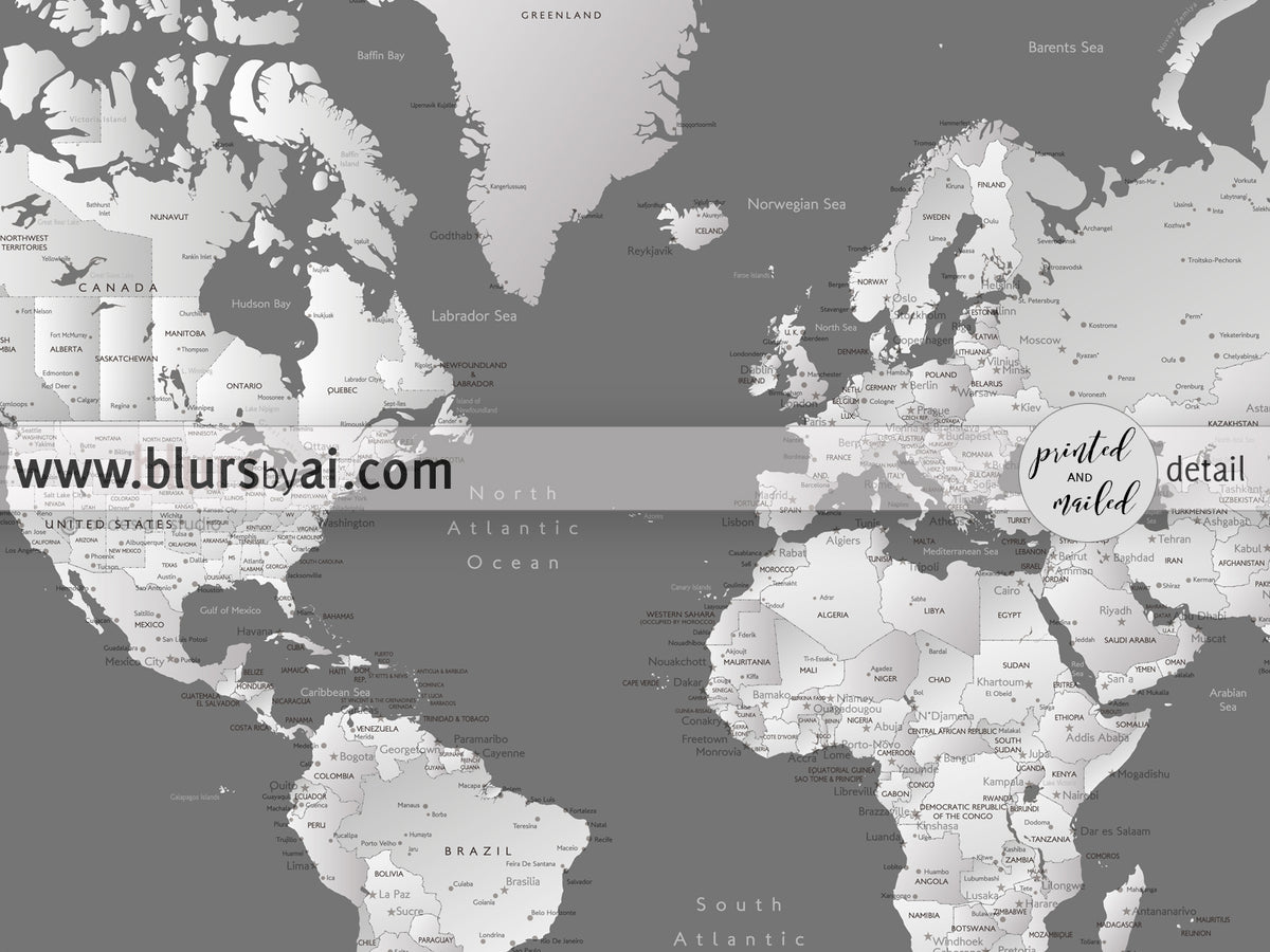 Art print on paper: custom world map with cities in grayscale gradient. "Silver leaf"