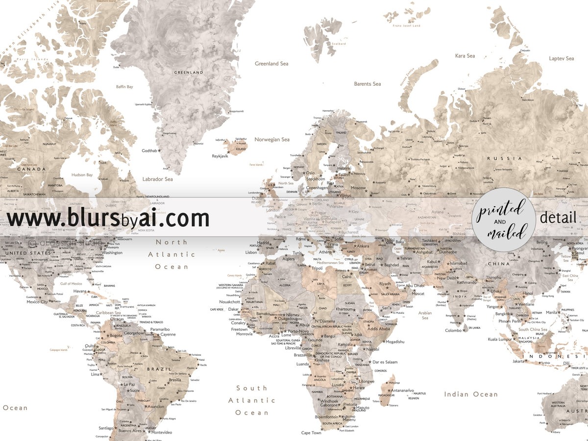 Custom print: world map with cities in taupe, cream and grey neutral watercolor. "Abey"