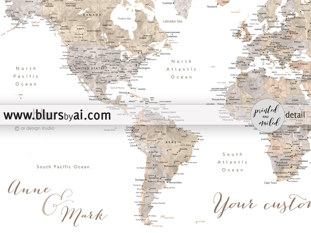 Custom print: world map with cities in taupe, cream and grey neutral watercolor. "Abey"