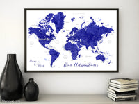 Custom map print: watercolor navy blue world map with cities, "Ronnie"