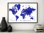 Custom color art print on paper: bespoke world map with cities