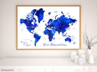 Custom map print: watercolor world map with cities in navy blue and cobalt blue. "Carlynn"