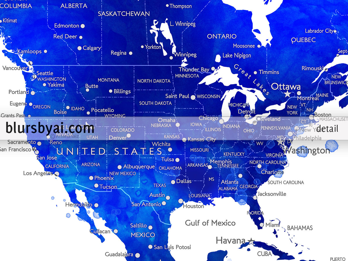 Custom map print: watercolor world map with cities in navy blue and cobalt blue. "Carlynn"