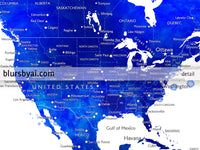 Custom map print: watercolor world map with cities in navy blue and cobalt blue. "Carlynn"