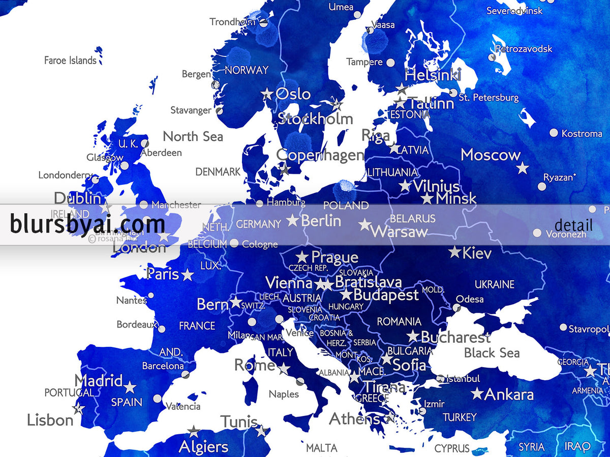 Custom map print: watercolor world map with cities in navy blue and cobalt blue. "Carlynn"