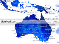 Custom map print: watercolor world map with cities in navy blue and cobalt blue. "Carlynn"