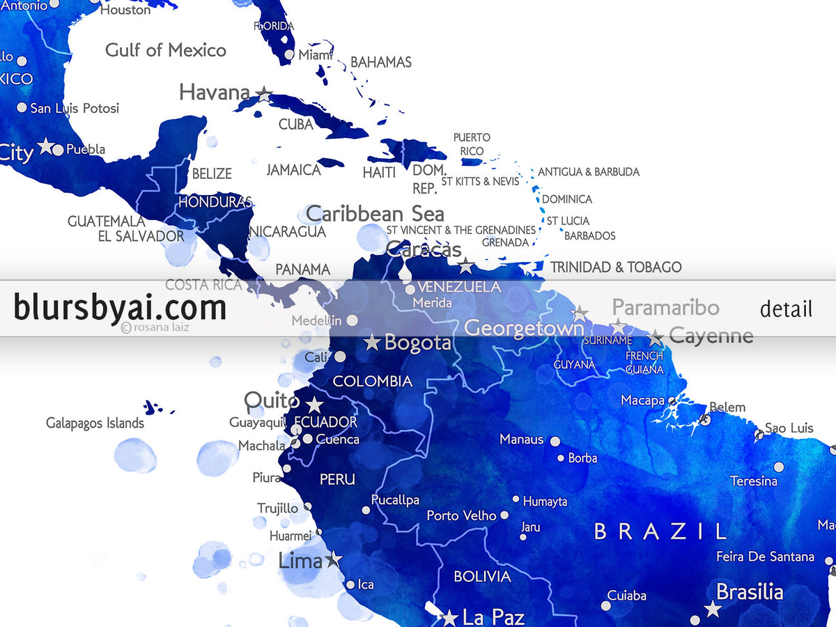 Custom map print: watercolor world map with cities in navy blue and cobalt blue. "Carlynn"