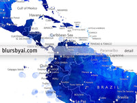 Custom map print: watercolor world map with cities in navy blue and cobalt blue. "Carlynn"