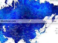 Custom map print: watercolor world map with cities in navy blue and cobalt blue. "Carlynn"
