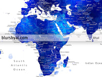 Custom map print: watercolor world map with cities in navy blue and cobalt blue. "Carlynn"