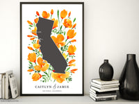 Custom map print: map of California with California poppies