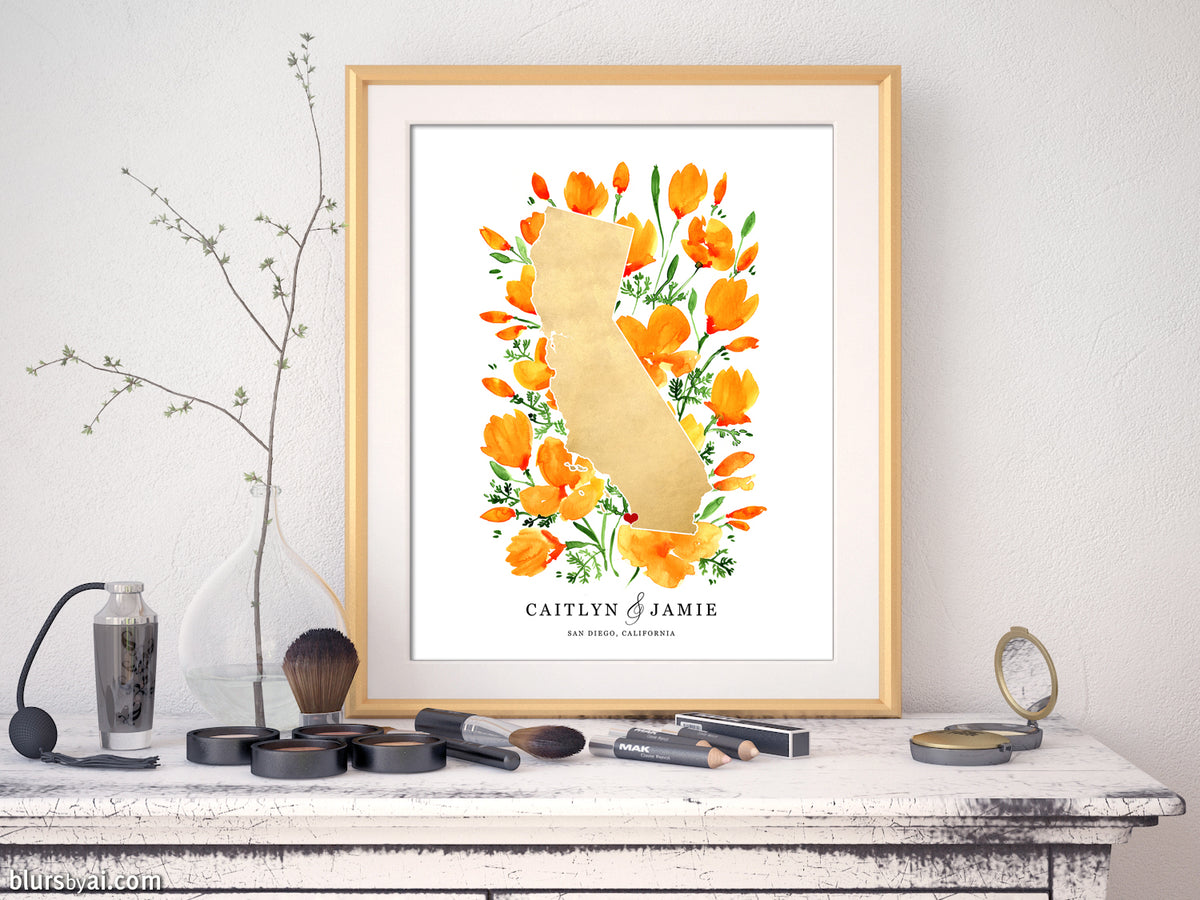 Custom map print: map of California with California poppies