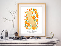 Custom map print: map of California with California poppies