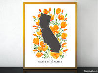 Custom map print: map of California with California poppies