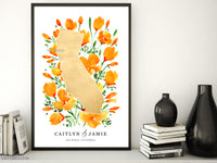 Custom map print: map of California with California poppies