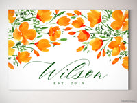 Custom family name canvas print, "Watercolor California poppies"