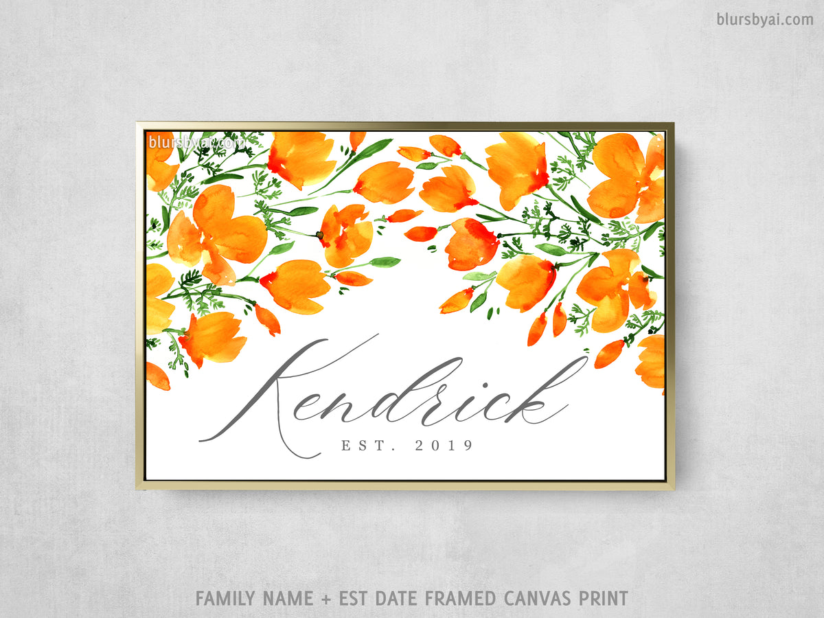 Custom family name canvas print, "Watercolor California poppies"