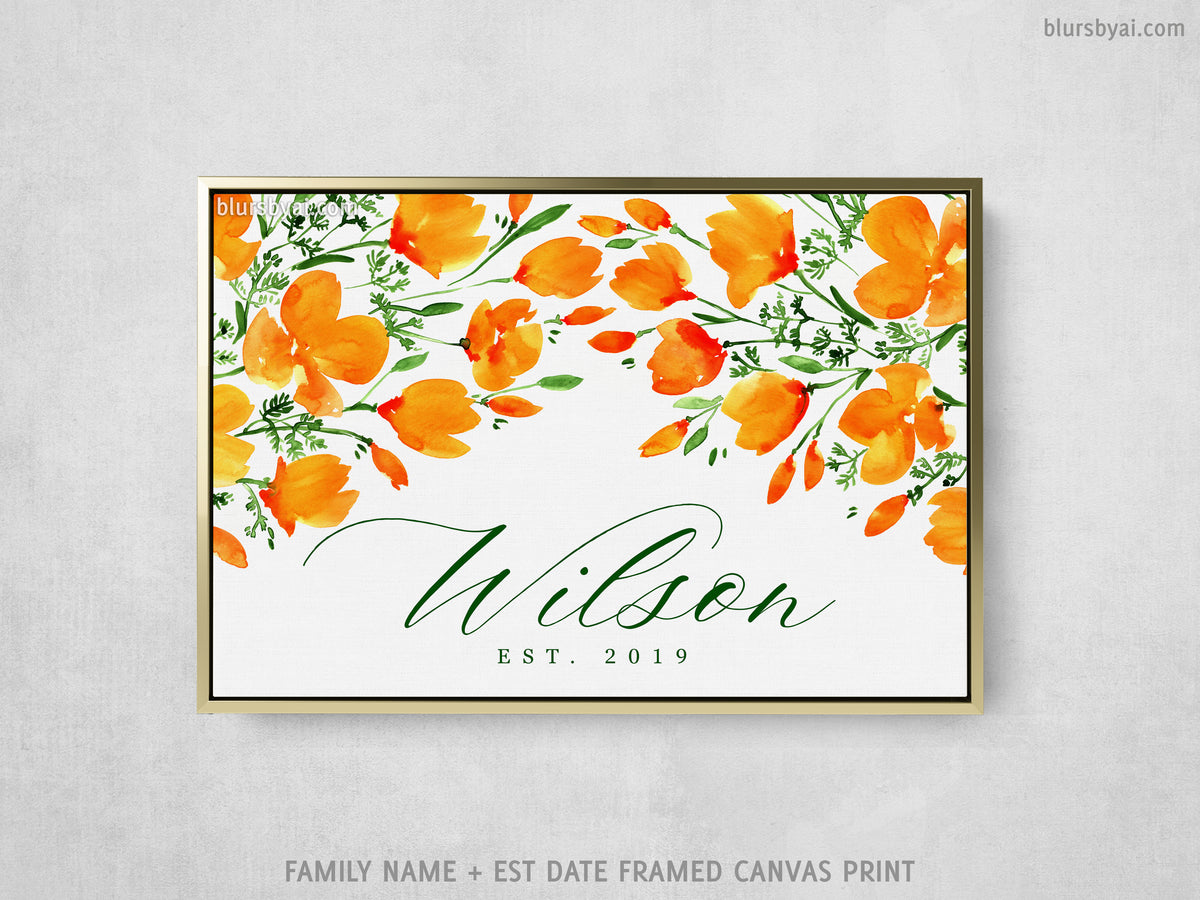 Custom family name canvas print, "Watercolor California poppies"