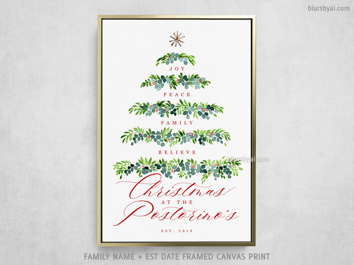 Custom family name canvas print, "watercolor greenery Christmas tree"