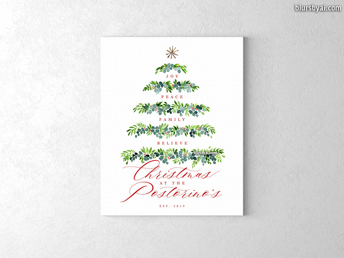 Custom family name canvas print, "watercolor greenery Christmas tree"