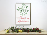 Custom family name canvas print, "Christmas at home" with watercolor mistletoe