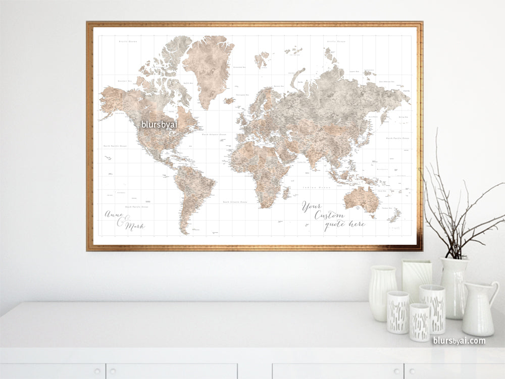 Custom world map print - highly detailed map with cities in neutral watercolor. "Abey"