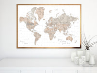 Custom world map print - highly detailed map with cities in neutral watercolor. "Abey"