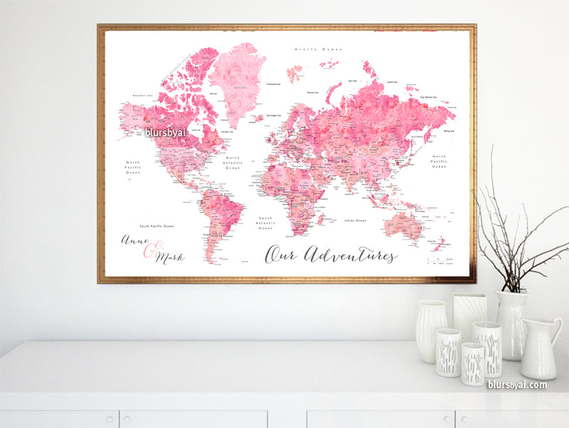 Custom map print: world map with cities in pink watercolor. "Azalea"