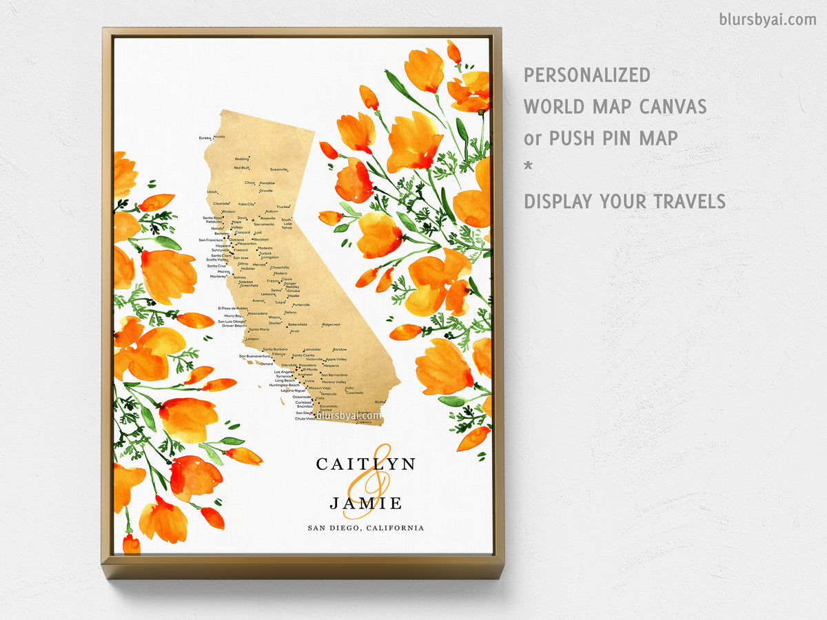 Unique wedding guestbook: Custom map of California with cities and California poppies, canvas print or push pin map