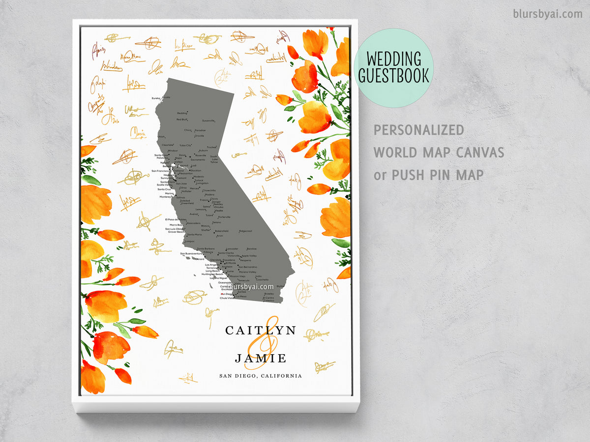 Unique wedding guestbook: Custom map of California with cities and California poppies, canvas print or push pin map