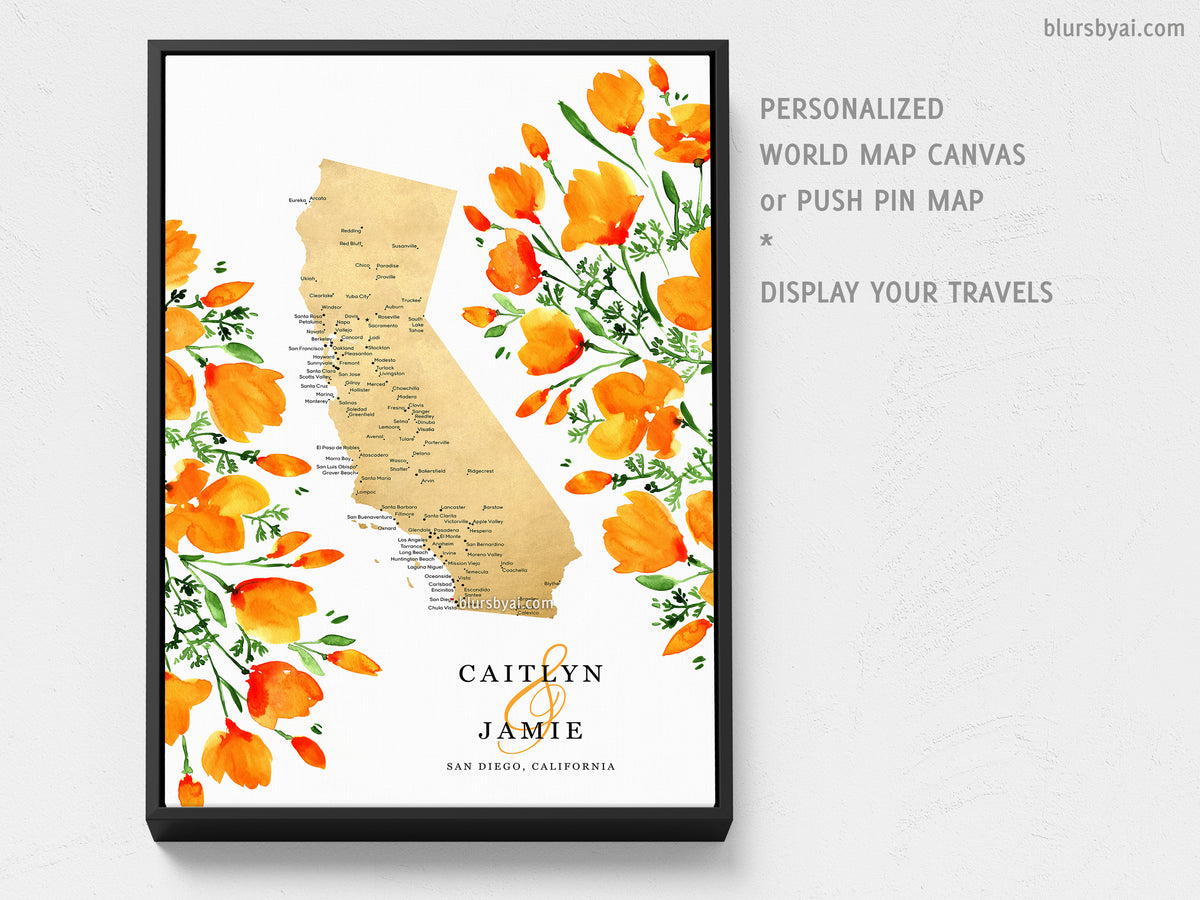 Unique wedding guestbook: Custom map of California with cities and California poppies, canvas print or push pin map