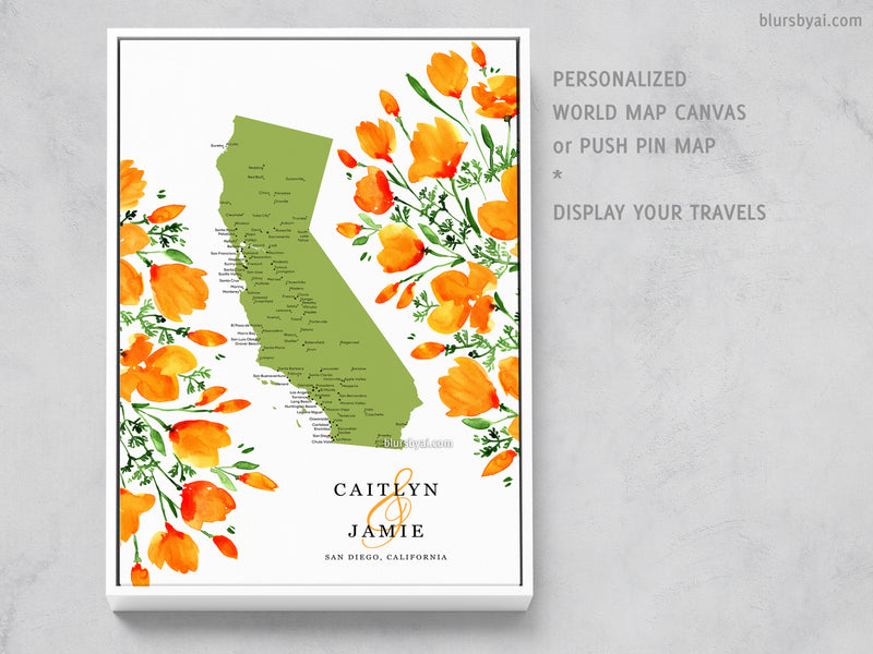 Unique wedding guestbook: Custom map of California with cities and California poppies, canvas print or push pin map