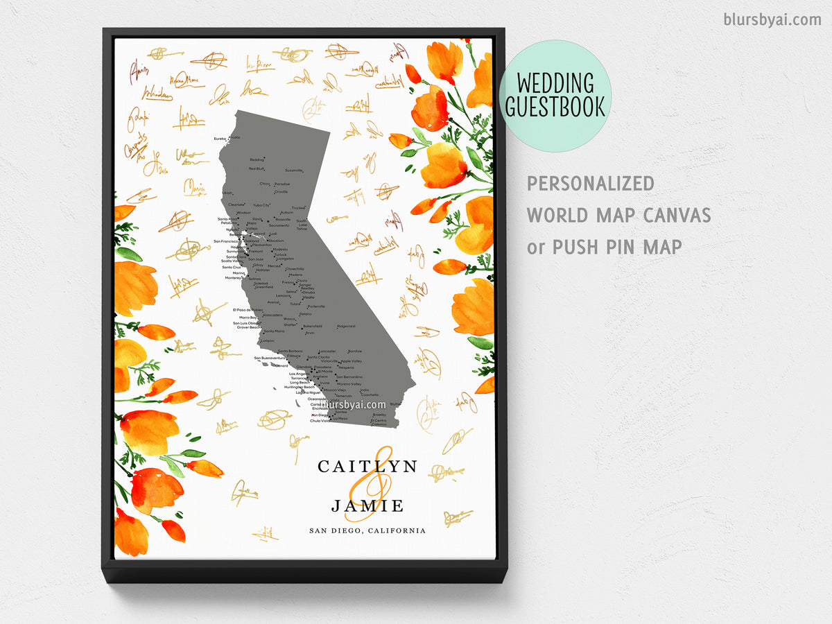 Unique wedding guestbook: Custom map of California with cities and California poppies, canvas print or push pin map