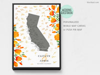 Unique wedding guestbook: Custom map of California with cities and California poppies, canvas print or push pin map