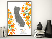 Custom map print: map of California with cities and California poppies