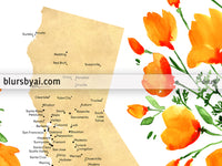 Custom map print: map of California with cities and California poppies