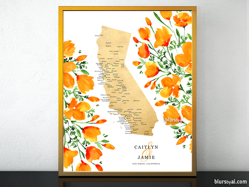 Custom map print: map of California with cities and California poppies