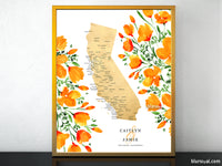 Custom map print: map of California with cities and California poppies