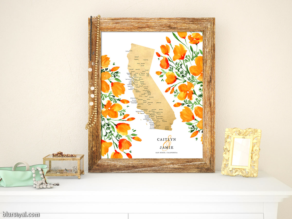 Custom map print: map of California with cities and California poppies