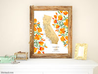 Custom map print: map of California with cities and California poppies
