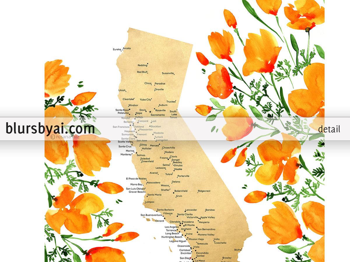 Custom map print: map of California with cities and California poppies
