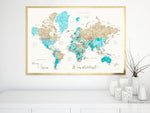 World map printable file in brown and aquamarine watercolor