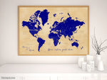 Custom map print: world map with cities in navy blue and tan. "Korinne"