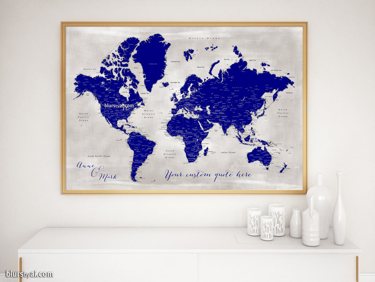 Custom map print: world map with cities in navy blue and distressed grey. "Delaney"