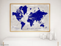 Custom map print: world map with cities in navy blue and distressed grey. "Delaney"