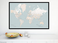 Custom world map print - highly detailed map with cities in muted mint and beige. "Tiara"