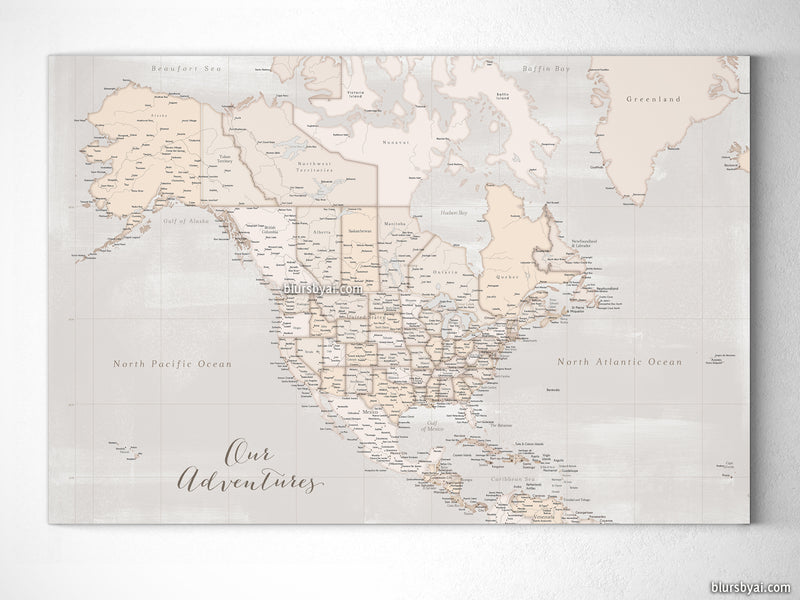 Custom map of North America, canvas print or push pin map in rustic style. "Lucille"