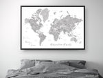 Custom world map with US state capitals, cities, states and countries, canvas print or push pin map in grayscale watercolor . "Jimmy"