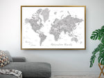 Custom world map with US state capitals, cities, states and countries, canvas print or push pin map in grayscale watercolor . "Jimmy"